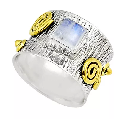 Handcrafted 1.02cts Natural Rainbow Moonstone Square Gold Ring Size 7 Y24271 • $9.89