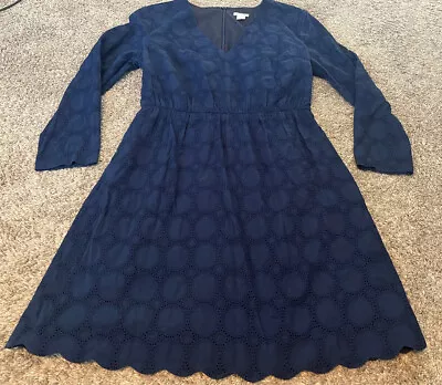 J.CREW Factory Dress Size 6 Blue Long Sleeve V Neck Eyelet Lace Lined Scalloped • $19.99