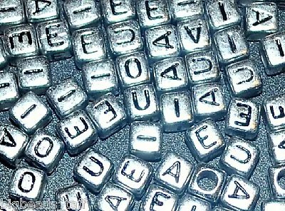 50pc 6mm Cube Silver Colour Vowel Letters Acrylic Alphabets Beads • £2.09