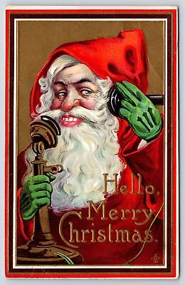 $10 • Buy Christmas~Santa On Candlestick Telephone~Pointy Hood & Green Gloves~Gold~213 C