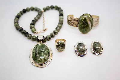 Vintage Sterling Large Sterling Jade Jewelry Set Best Ever • $52