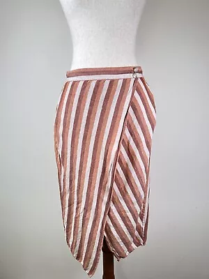 Madewell Faux Wrap Midi Skirt Striped Size Medium Peach Pull On Boho Linen Blend • $22