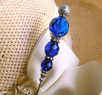 HATPIN With CLASSY DARK BLUE CRYSTALS On SILVER FINISH SETTING 8  Hat Pin • £14.40