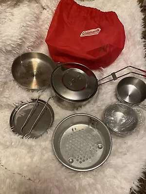 Vintage Coleman Mess Kit - All Aluminum Cook Set With Nylon Carry Sack • $30