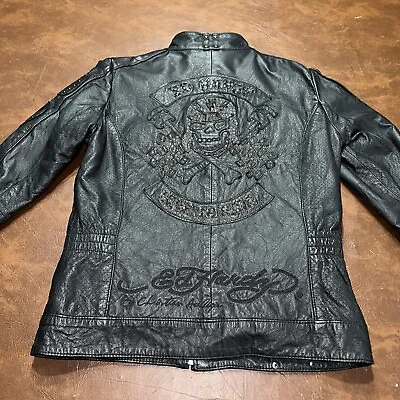 NWOT Y2K Vintage Ed Hardy Black Leather Skull Studded Crystal Moto Jacket M • $199.99