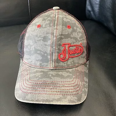 Justin Boot Company Black Camo Mesh Embroidered Snapback Hat Cap Lightweight EUC • $12