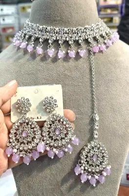 Bollywood Silver Plated Kundan Choker Bridal Necklace Indian Wedding Jewelry Set • $41.75