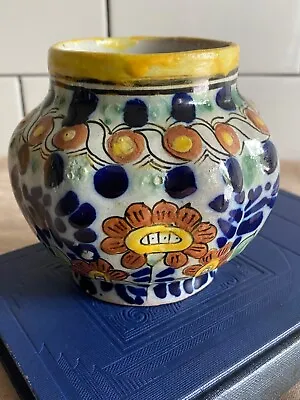 Vintage Mexican Flowers Pottery Vase Hand Painted Artist Signed Floral Folk Art • $28