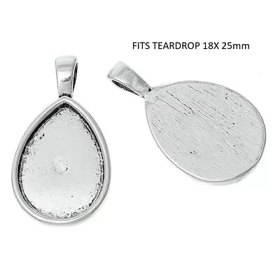 £3.50 • Buy 5 X Silver  Teardrop Cabochon Pendant Setting  FITS 18X25MM Cameo Bezel