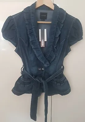 MYMICHELLE Y2K VINTAGE 90s 00s DENIM BLOUSE WAISTCOAT BELTED SHORT PUFF SLEEVES • £28