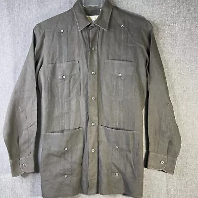 Mandarin Men M Linen Long Sleeve 4 Pocket Pleated Button Up Collar Shirt MS39 • $13.12