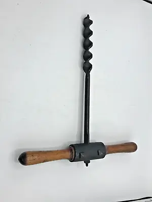 Antique T Handle Wood Auger Hand Drill Barn Beam Bit 12.5  Wooden Handle 13.5 • $39.90