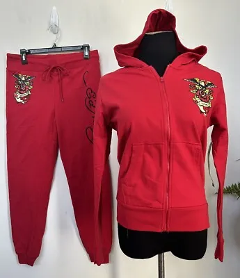 NWT Ed Hardy 2 Pc Sweatsuit Red Y2K Rose Stud Zip Hoodie Jogger Pant Women’s L • $169.99