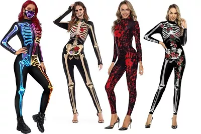 Halloween Women Girls Costume Skeleton Bone Jumpsuit Bodysuit Fancy Dead Cosplay • £12.67