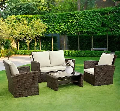 Rattan Garden Furniture 4 Piece Chairs Coffee Table Cushions Set Outdoor Patio • £289.99