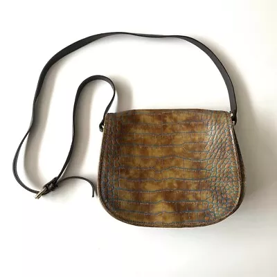 Vintage Croc Leather Brown Olive Tab Crossbody Purse Saddle Bag Made In Italy • $50