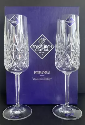 Boxed Pair Of 2 Edinburgh Crystal BERKELY Cut Champagne Glasses 218mm Labelled • £24.99