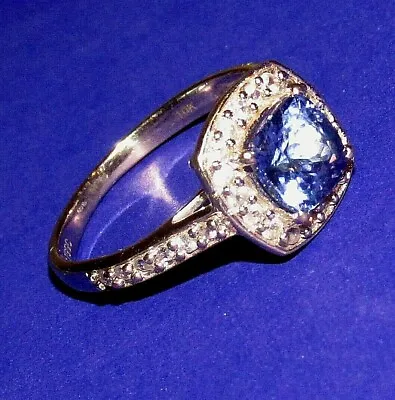 BEAUTIFUL 9ct WHITE GOLD 1.04ct AAA TANZANITE & WHITE ZIRCON CLUSTER RING SIZE K • £275