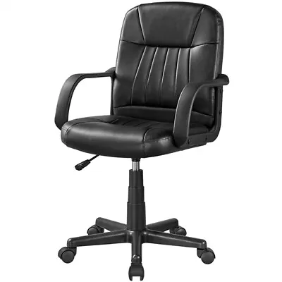 Home Office Chair Leather Computer Chair Adjustable Study Chair With Arms Black • £41.99