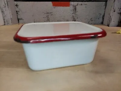 White & Red Enamelware Refrigerator Enamel Storage Box W/ Lid Vintage • $15.60