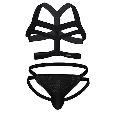 Mens Gay Crotchles Jockstraps With Body Chest Harness Gay Costume Clubwear Suits • £12.47