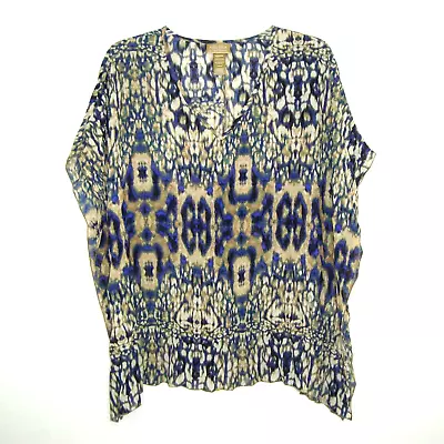 MISS TINA ~ Tina Knowles Blue Ikat Leopard Pleated Batwing Blouse Size L (12-14) • $9.95