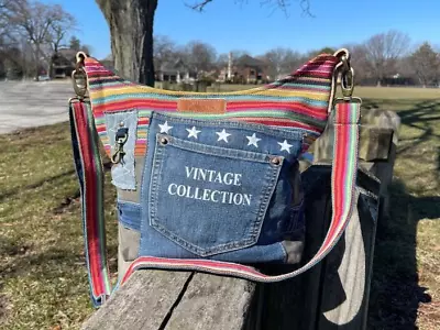 Denim Crossbody Leather Trim Multicolor Vintage Style Messenger Shoulder Bag • $49.95