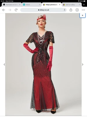 £25 • Buy Flapper Dress Size 18 Long,floor Length.red With Black Sequinned Overlay.