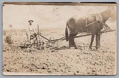 Man Sitting On Horse Drawn 3 Wheeled Plow RPPC Real Photo Postcard • $8.99