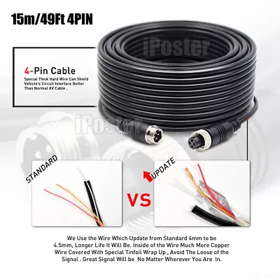 15M 49ft 4Pin Aviation Extension Cable For Rear View Backup Camera Truck Trailer • $17.99