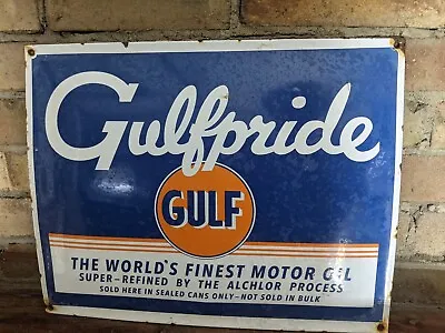 Vintage Gulfpride Gulf Motor Oil Porcelain Gas Station Pump Sign 13  X 16  • $169.99