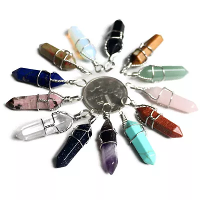 Natural Gemstone Hexagonal Point Reiki Chakra Pendant Necklaces Beads Wire Wrap • $1.96