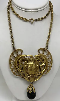 Vintage Showstopper Massive Unsigned Miriam Haskell Gold Tone Leaf Owl Necklace  • $300