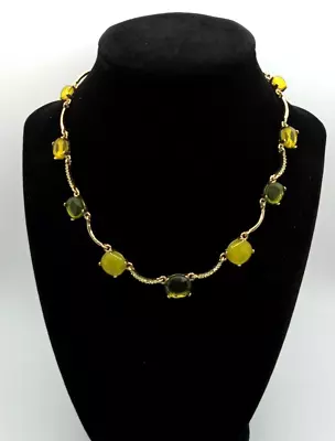 Olive Green Rhinestone Choker Necklace Gold Tone Curved Tube Link 15 - 17.5  • $14.96