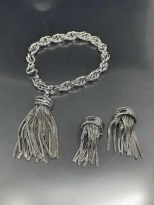 VTG Signed WHITING And DAVIS Silver Tone Tassel Rope Bracelet Clip Earrings Set • $150