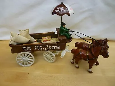 Vintage Cast Iron Horse Drawn Cart Fruit & Vegetable Wagon Figure Brooms Crates • $79.99