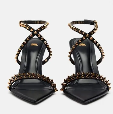 Zara Studded Black Pointy High Heel Sandals (36) • $99