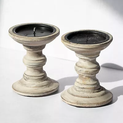 Set Of 2 Candle Holders 13cm Shabby Chic Retro Wooden Pillar Candlestick Sticks • £15