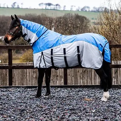 600D 2 In 1 Waterproof Fly Turnout Mesh Horse Rug Fixed Neck Blue/Grey 5'6-6'9 • £30.99