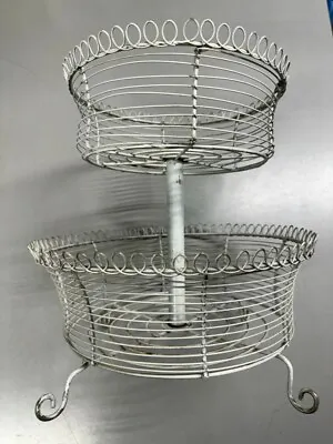 Vintage 2 Tier White Metal Fruit Basket Holder Planter Stand Classic Design • $39.95