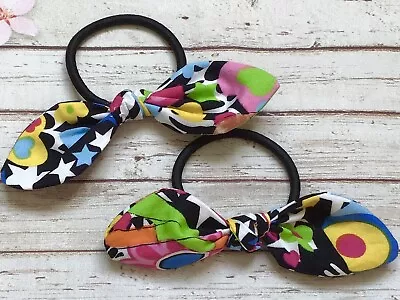 PAIR 80s RETRO PRINT FABRIC KNOT BUNNY BOW ELASTICS PONYTAIL BUN BAND HAIR TIES • £4.50