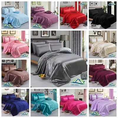 6pcs Satin Silk ✔ Complete Bedding Set ✔ Duvet Cover Fitted Sheet 4 Pillow Cases • £22.99