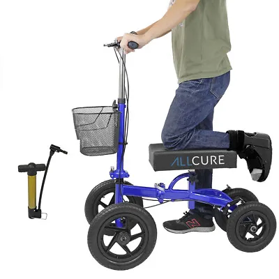 AllCure Quad Wheel All Terrain Foldable Medical Knee Walker Scooter Blue • $194.99