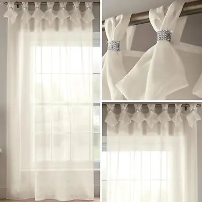 Voile Curtain Panels Cream Diamante Sparkle Tab Top Pleated Sheer Voiles • £26