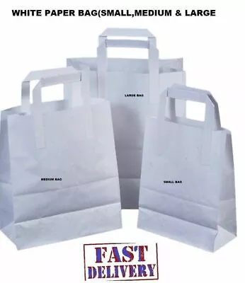 Quality Carrier Bags White SOS Kraft Paper Takeaway Lunch Flat Handle Cheap PE • £4.50