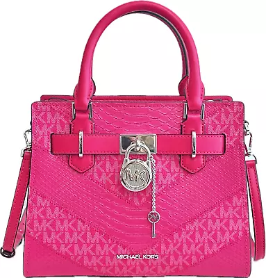 Michael Kors Hamilton Small Satchel Mk Logo Snake Embossed Bag Electric Pink • $109.95