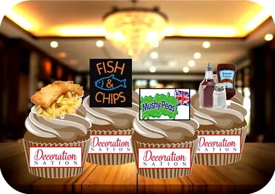 Fish & Chip Mix - 12 PREMIUM STAND UP Edible Cupcake Cake Toppers Wafer Icing • £3.49