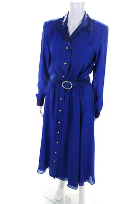 Morton Myles Womens Vintage Notched Collar Button Down Belted Dress Blue Size 10 • $41.99