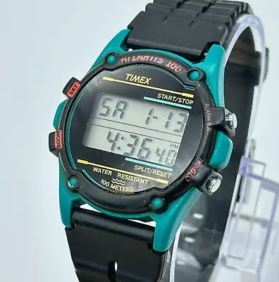 Vintage 1995 Men's TIMEX Atlantis 100 Teal Green Sport Watch Chrono Indiglo • $59.99