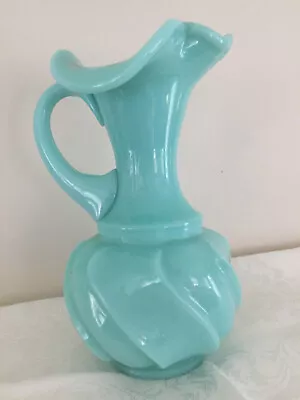 Fenton Wavecrest Turquoise Aqua Milk Glass Crimped Ruffled Pitcher Vase 6  • $19.99